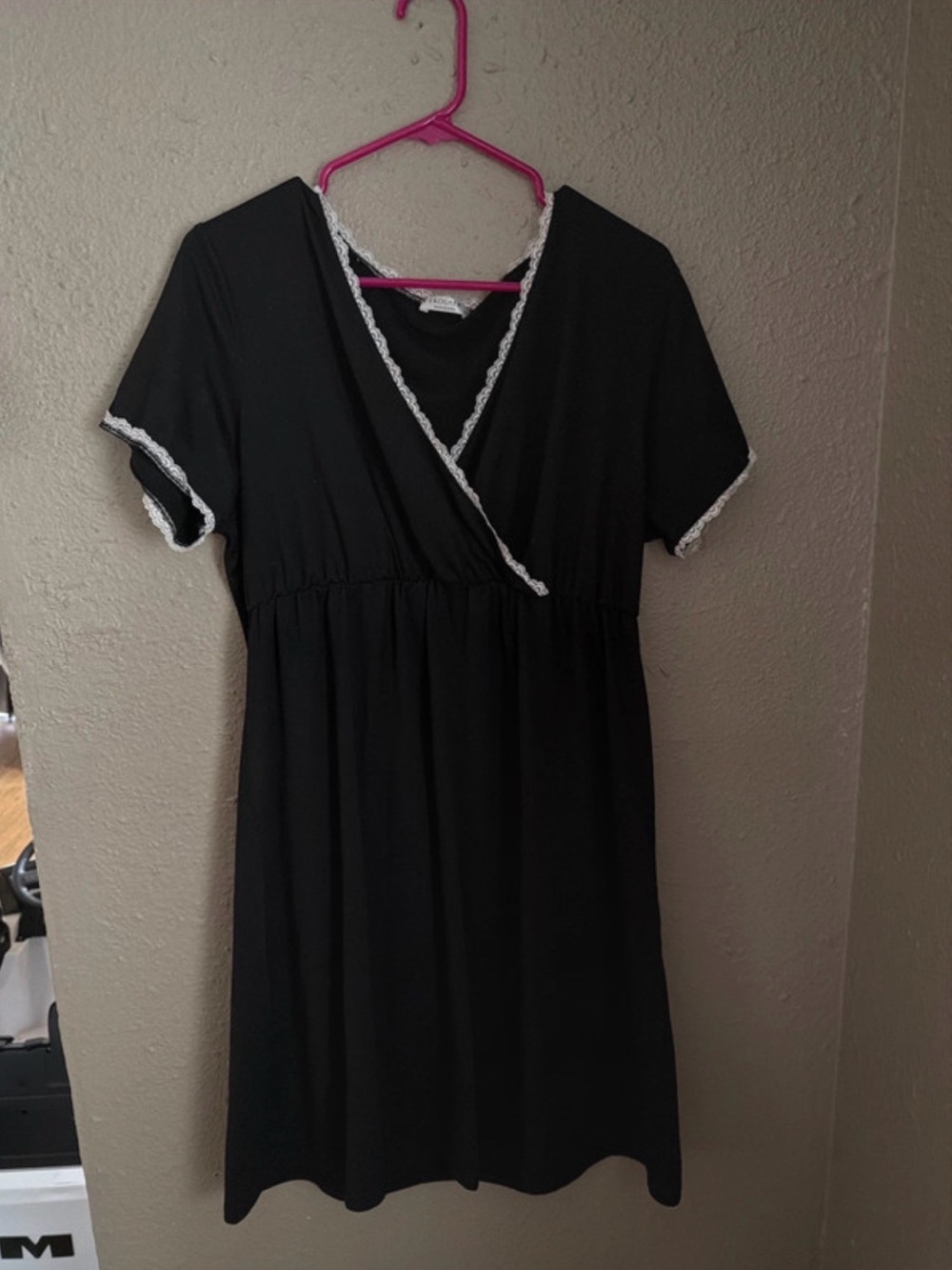 Maternity Black Short-Sleeve Wrap Nightdress with White Lace Trim